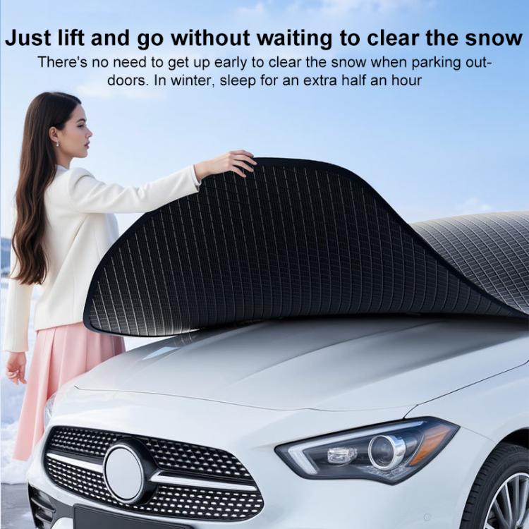 Car cover arched over hood and windshield with front securing straps and orange tabs