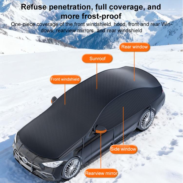 Full dark car cover covering windshield, roof, side windows, and rear area with straps