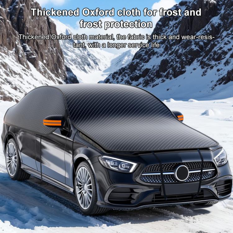 Thick dark Oxford-style car cover over hood and mirrors with orange attachment tabs