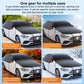 Car cover shown on sedan in multiple settings; dark fabric with orange attachment tabs