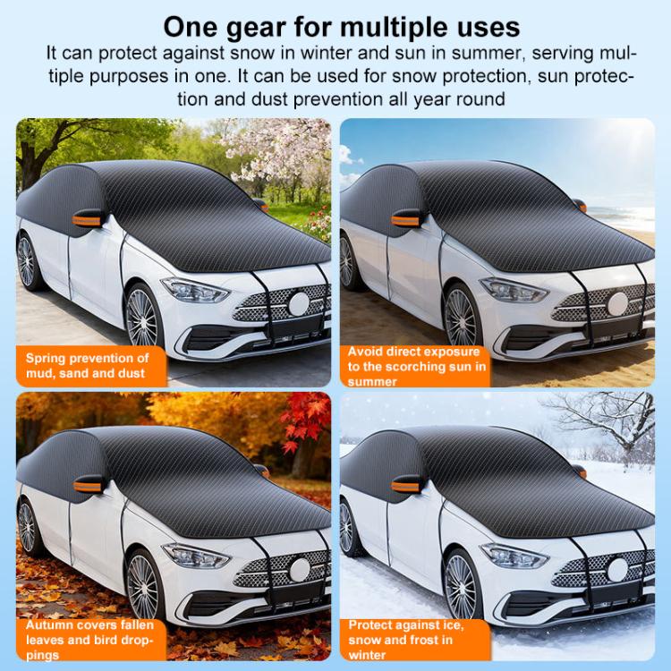 Car cover shown on sedan in multiple settings; dark fabric with orange attachment tabs