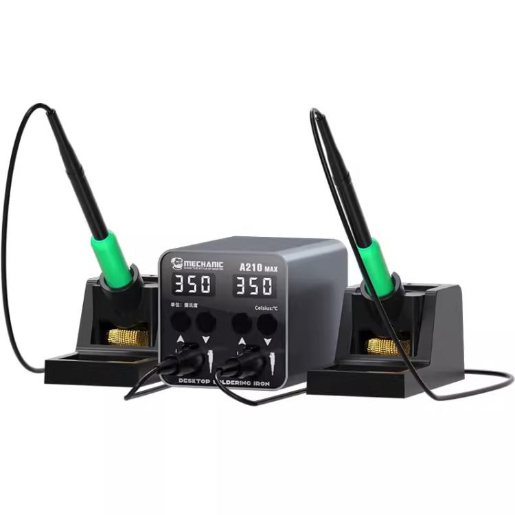 Dual-station soldering station with two green-handled irons and temperature display