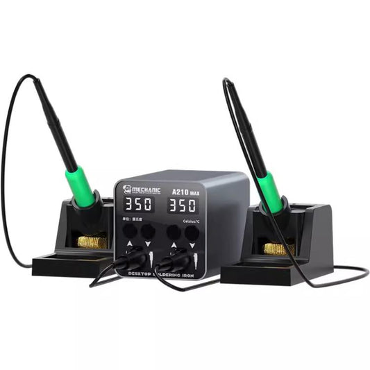 Dual-station soldering station with two green-handled irons and temperature display