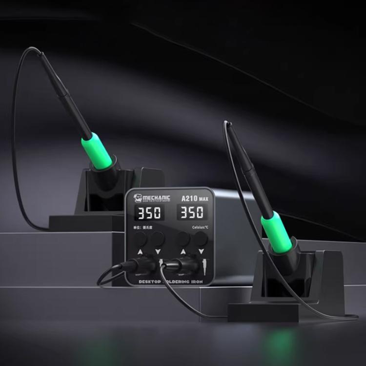 Dual soldering station control panel with two green-handled irons