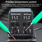 Soldering station display showing temperature settings with green-handled iron