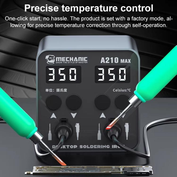 Soldering station display showing temperature settings with green-handled iron