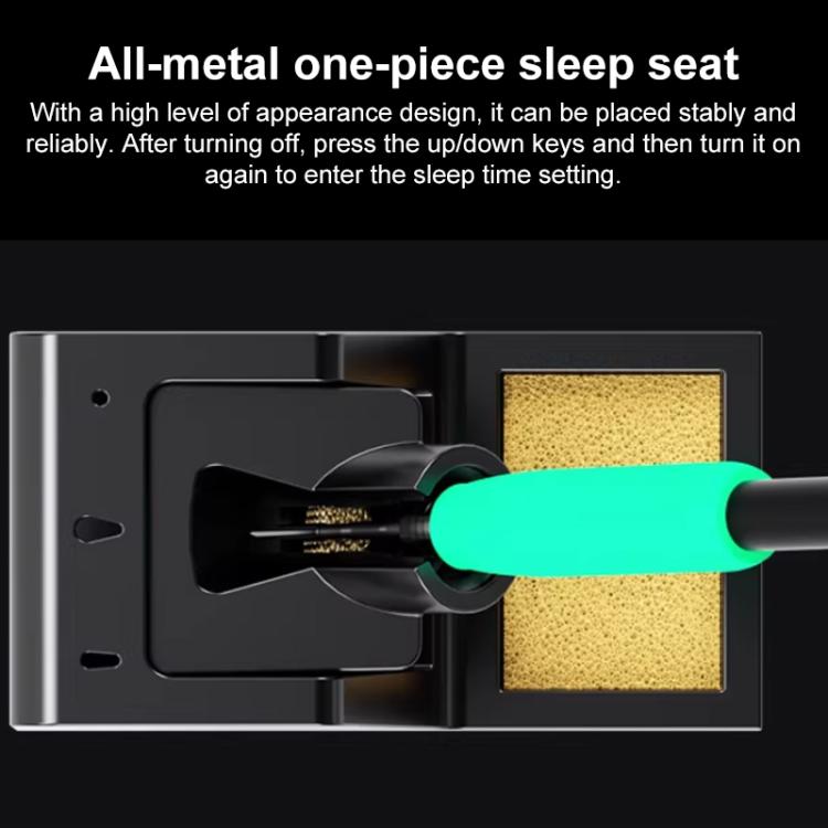 Soldering iron sleep-seat holder with green handle and brass-colored heating pad