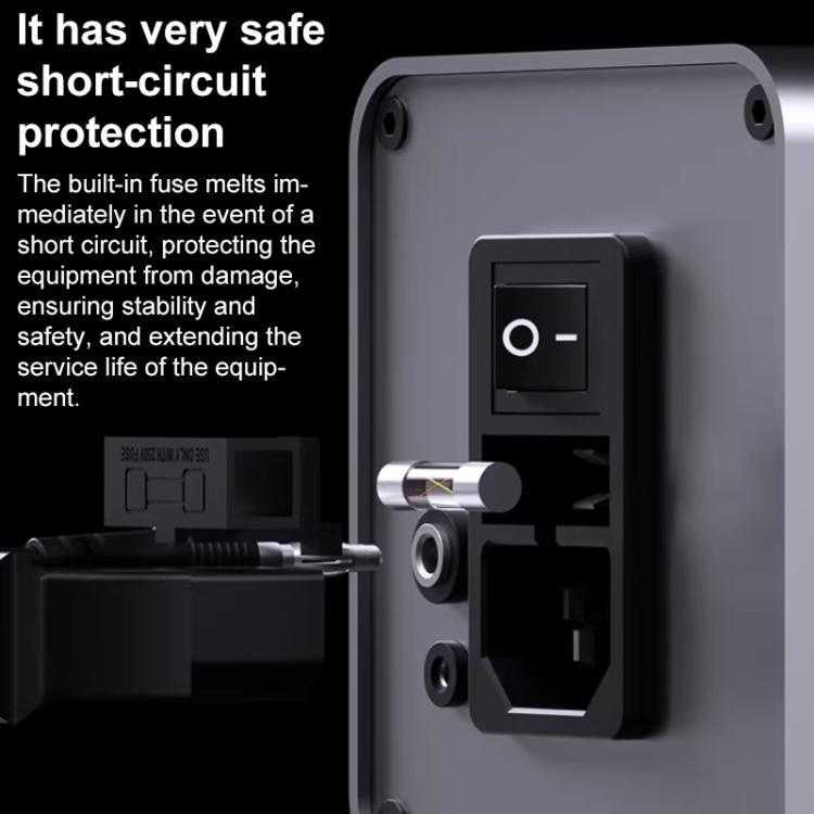 Soldering station rear power switch and connector ports with protective fuse bay