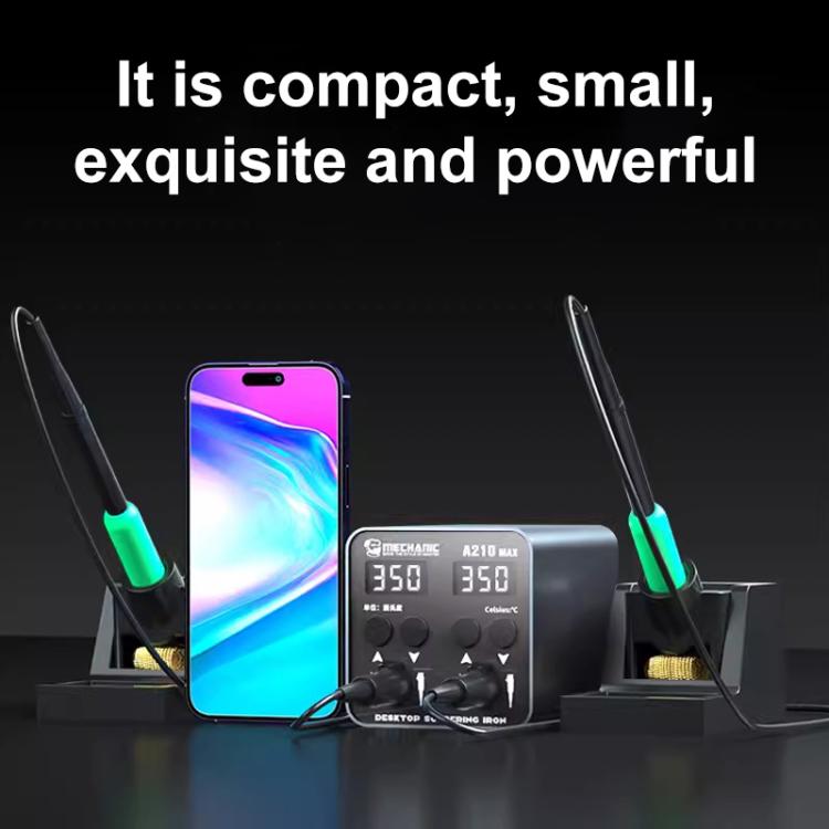Compact dual soldering station with two green-handled irons next to a smartphone