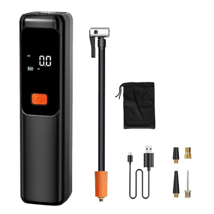 Portable car air pump with digital display, hose nozzle and accessory set