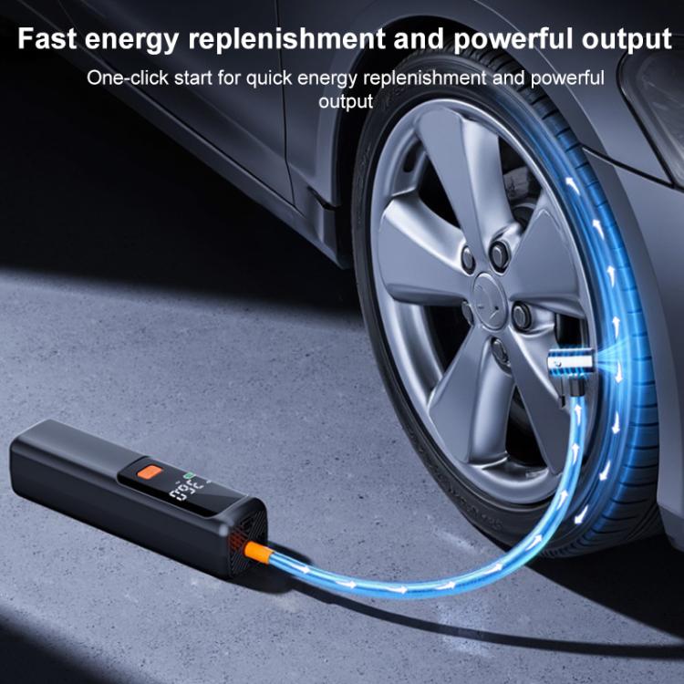Black tire inflator with hose releasing blue airflow along the tire