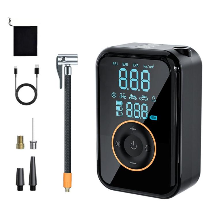 Black wireless tire inflator with blue LCD, plus hose and valve nozzle attachments