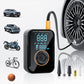 Wireless tire inflator with blue LCD and orange-tipped hose connected to a tire valve