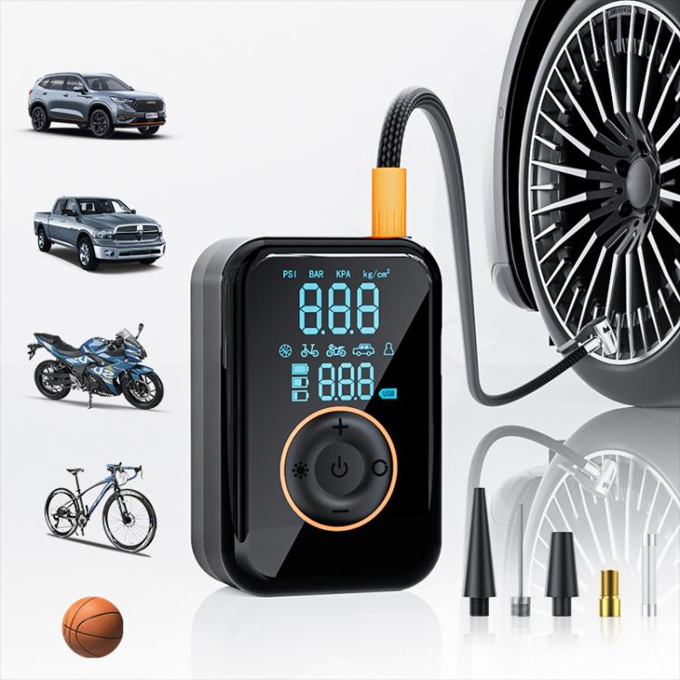 Wireless tire inflator with blue LCD and orange-tipped hose connected to a tire valve
