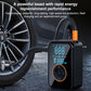 Wireless tire inflator with blue LCD and orange nozzle, connected to a tire valve