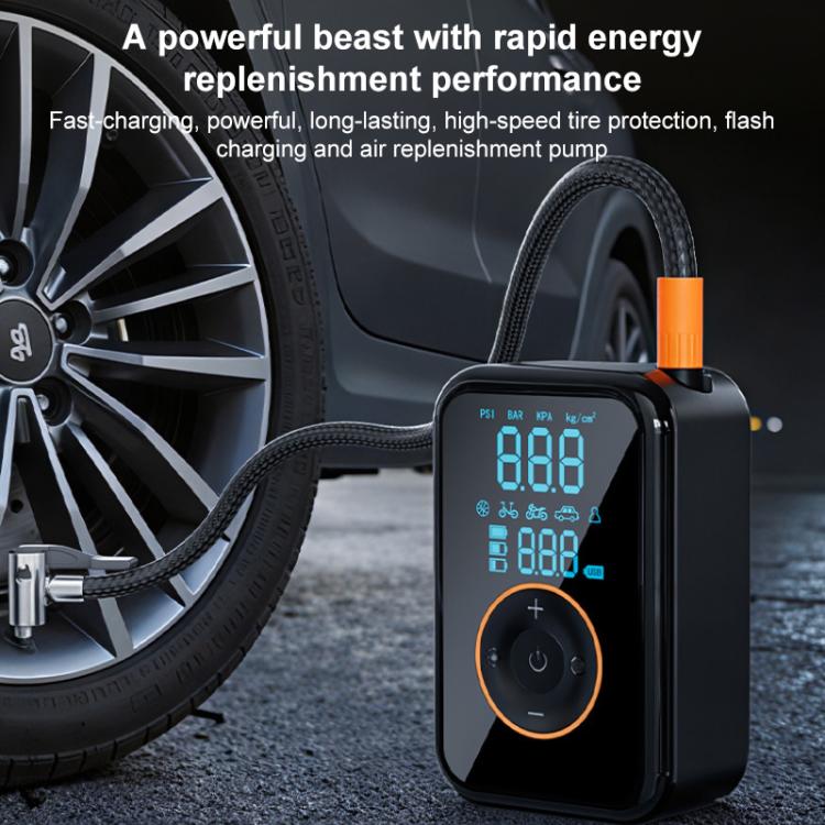 Wireless tire inflator with blue LCD and orange nozzle, connected to a tire valve