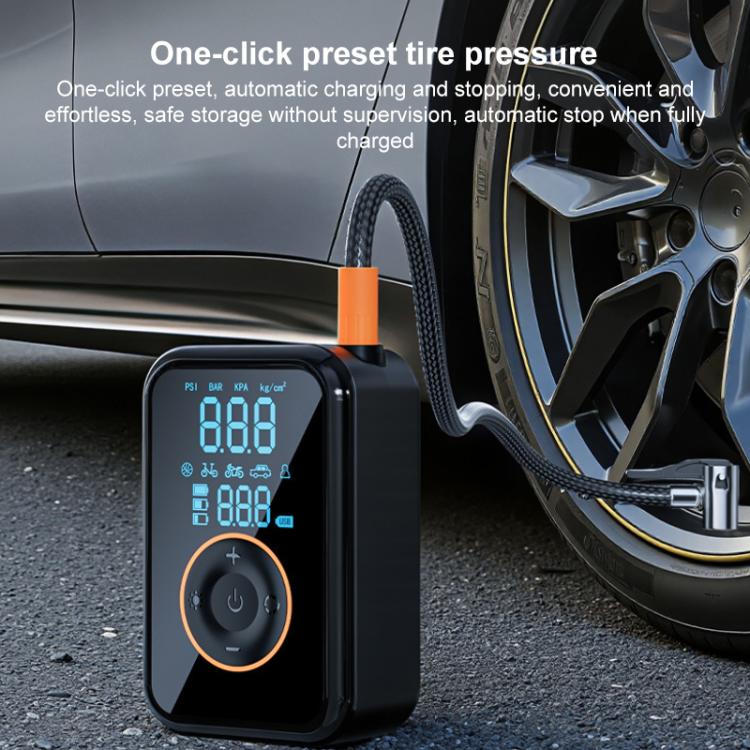 Wireless tire inflator with blue LCD and orange-tipped hose connected to a wheel valve