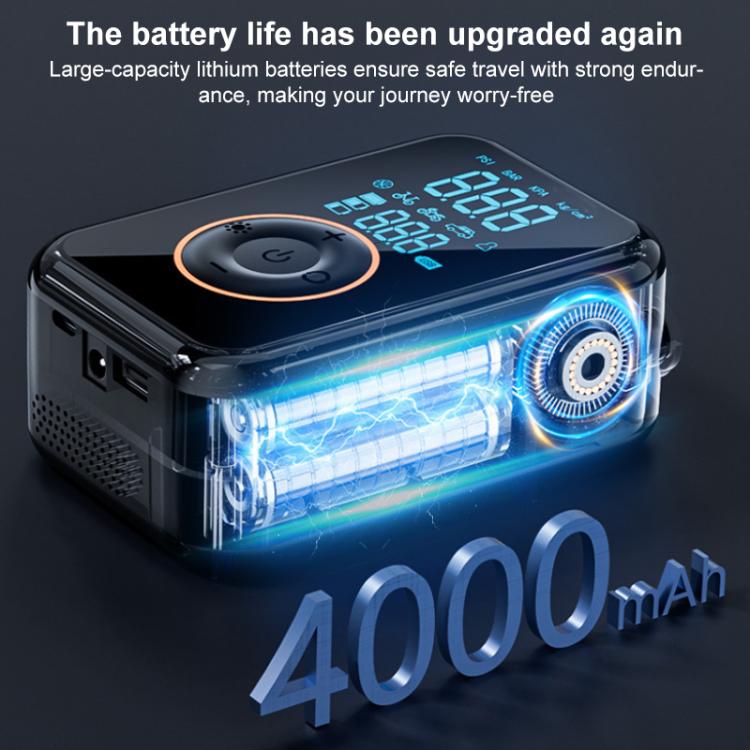 Black tire inflator with blue flashlight LEDs and 4000mAh battery indicator graphic