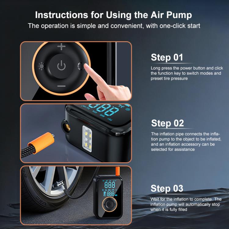 Tire inflator operation guide showing steps, power dial, and orange nozzle connection