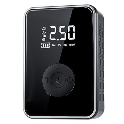 Portable digital car air pump with LED pressure display and round control buttons, black