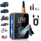 Portable car air pump with orange valve nozzle and included nozzle adapters, black