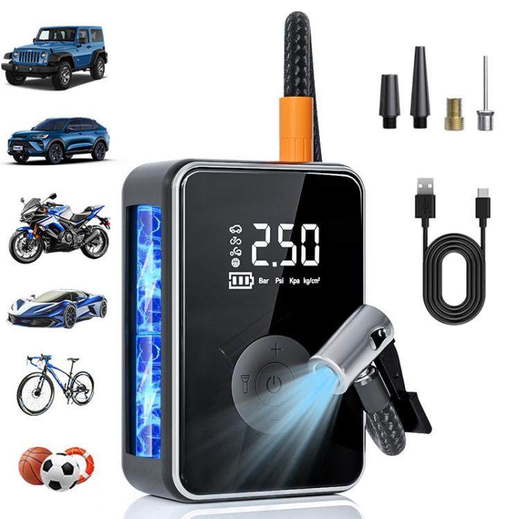 Portable car air pump with orange valve nozzle and included nozzle adapters, black