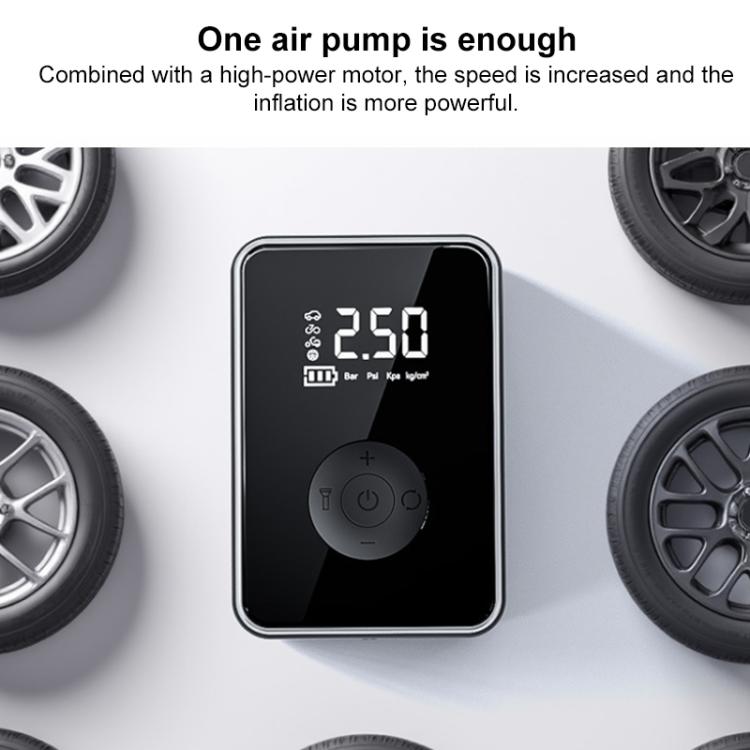 Compact digital car air pump with illuminated LED pressure display and power controls, black