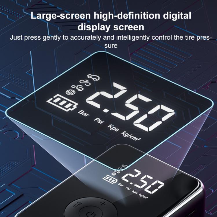 Close-up of digital car air pump display showing pressure reading and icons, black