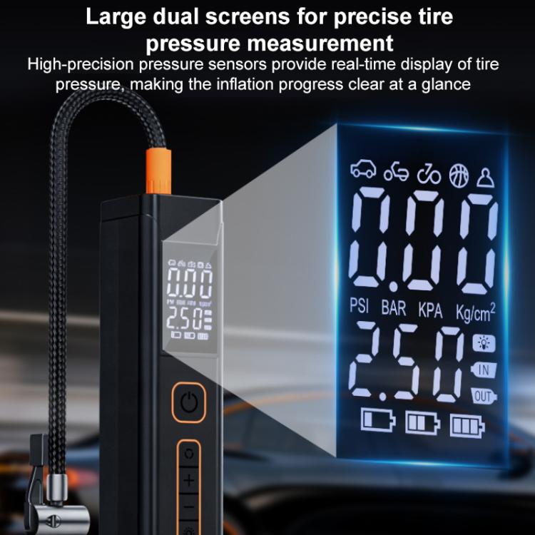 Dual-screen digital air pump showing pressure readings on backlit displays