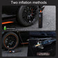 Dual-screen tire inflator with orange nozzle and charging cable for car use