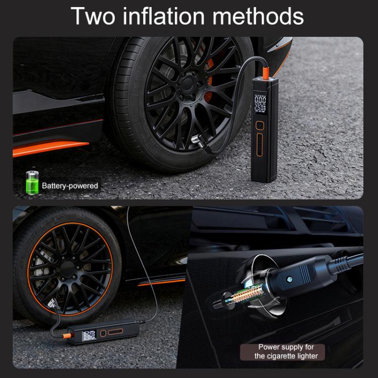Dual-screen tire inflator with orange nozzle and charging cable for car use