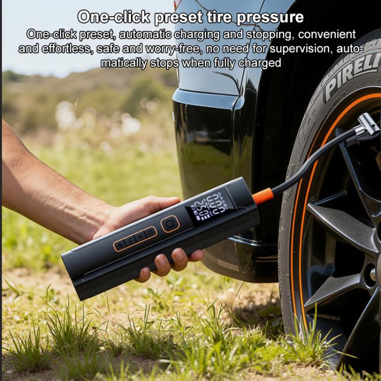 Handheld dual-screen tire inflator with orange nozzle and digital pressure screen