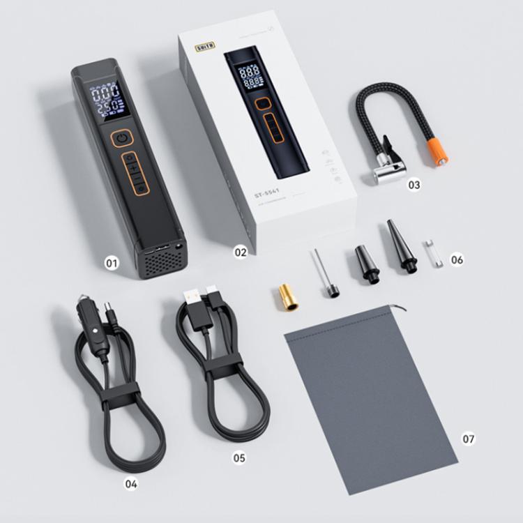 Portable dual-screen tire inflator kit with power cables and accessory nozzles