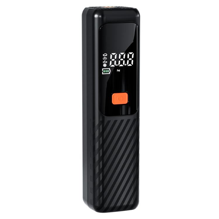 Black electric tire inflator with digital display and orange power button