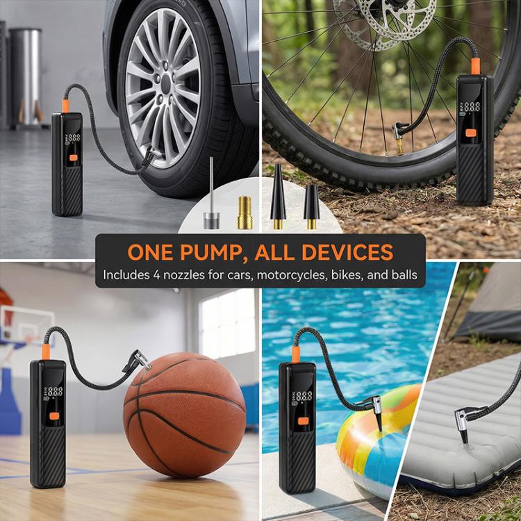 Digital tire inflator with nozzle adapters, black body and orange control button