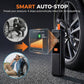 Electric tire inflator with digital display, orange button, and attached power cord