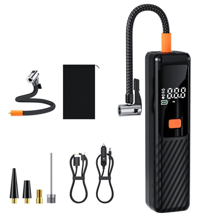 Car electric air pump kit with digital display, black body, orange switch, hose and nozzles