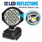 Round black LED work light with visible multi-reflector cups and base control rocker.