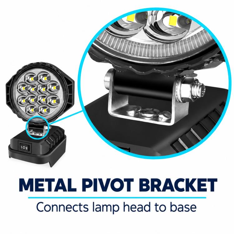Black LED work light with metal pivot bracket connecting lamp head to base.