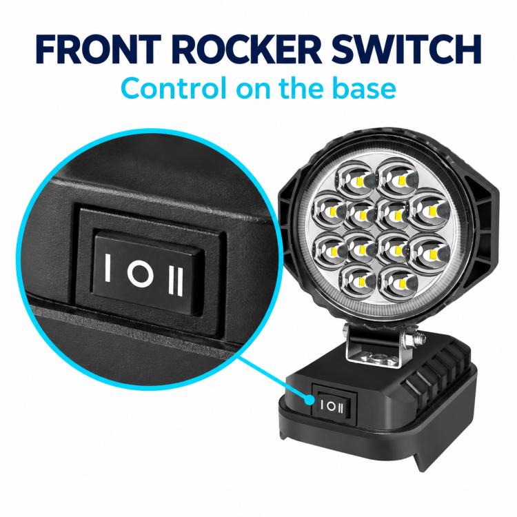 Black LED work light base with front rocker switch and round multi-LED head.