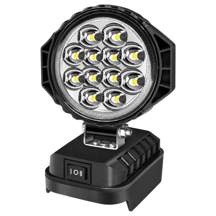 Round black LED emergency work light with multi-LED head and metal pivot bracket.