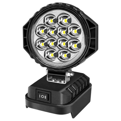 Round black LED emergency work light with multi-LED head and metal pivot bracket.
