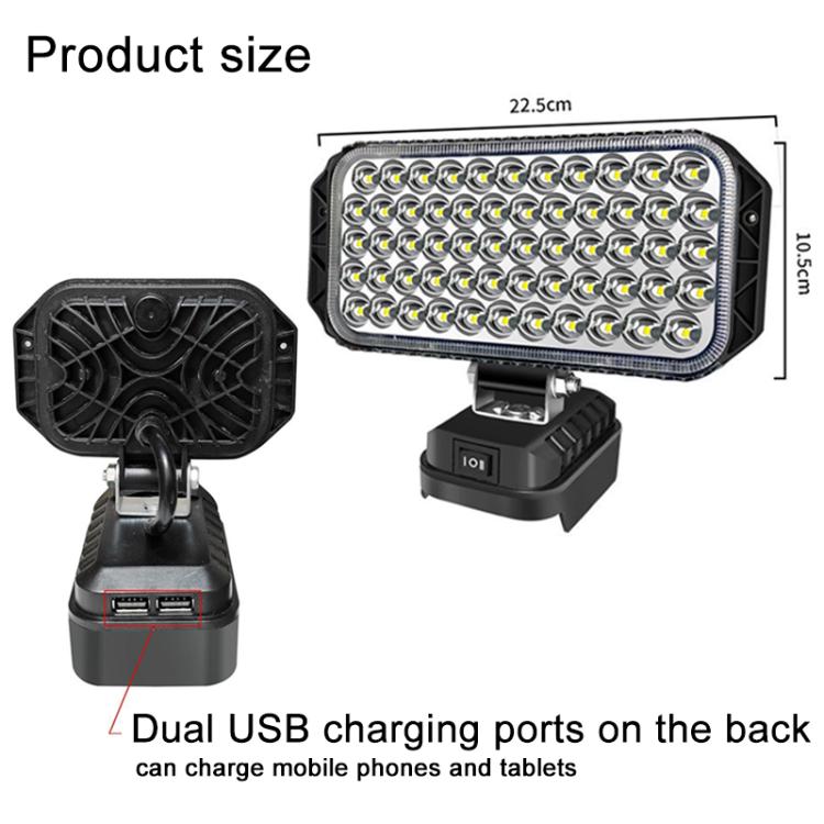 Rectangular LED emergency work light with dual USB charging ports on the back