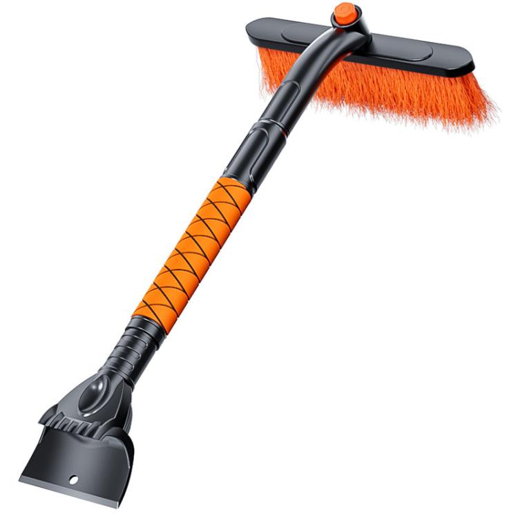 Orange bristle snow brush with black rotating handle and wide scraper blade
