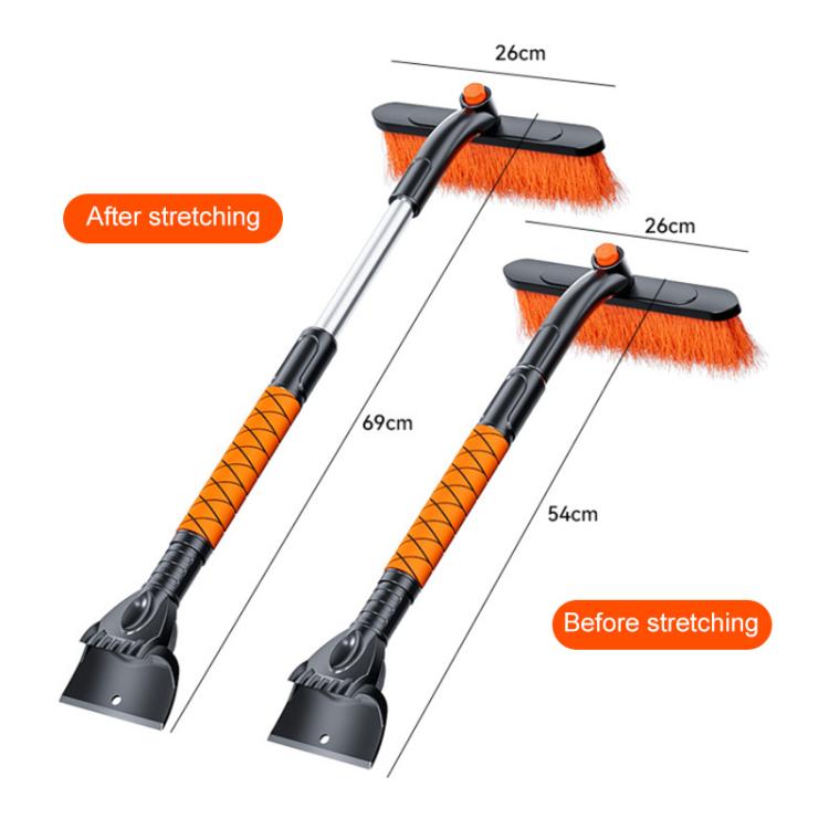 Retractable snow brush and ice scraper with telescoping poles, orange bristles