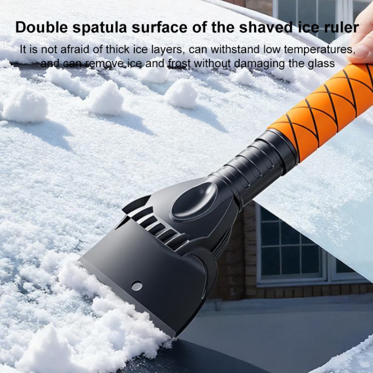 Ice scraper shovel attachment with serrated double-spatula surface and orange-grip pole