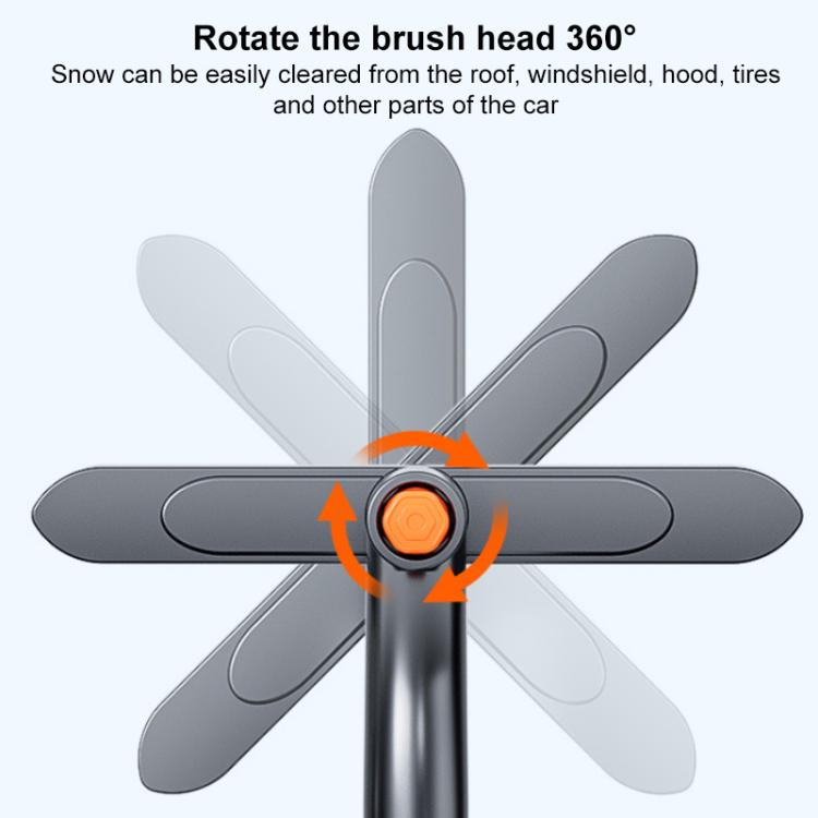 360-degree rotating snow brush head with orange push button on black base