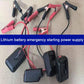 Lithium battery emergency starter kit with multiple sockets, clamps, and charging cables
