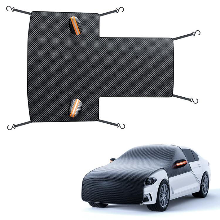 Half car cover in dark textured fabric with orange accent panels and strap grommets.