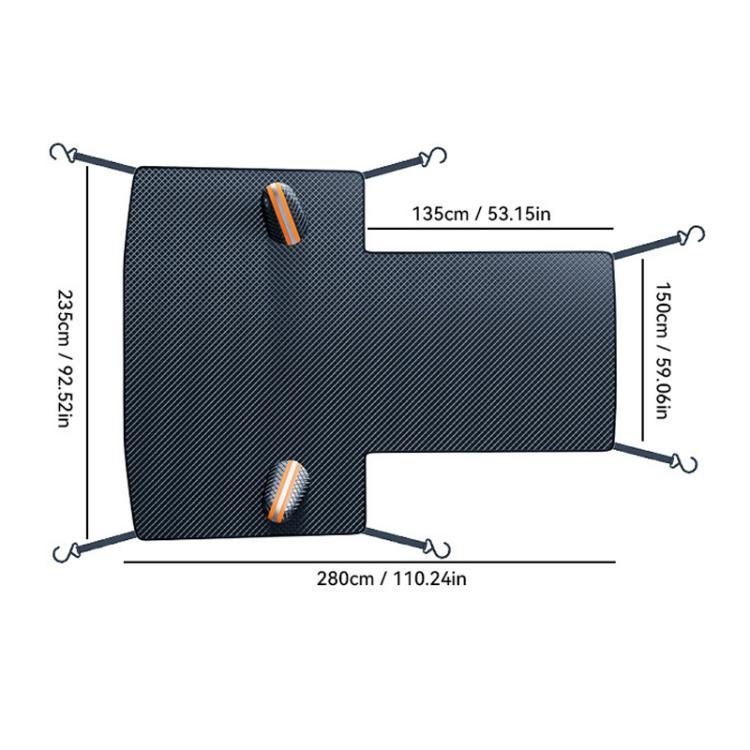 Universal half car cover with orange accent strips and corner strap attachment points.